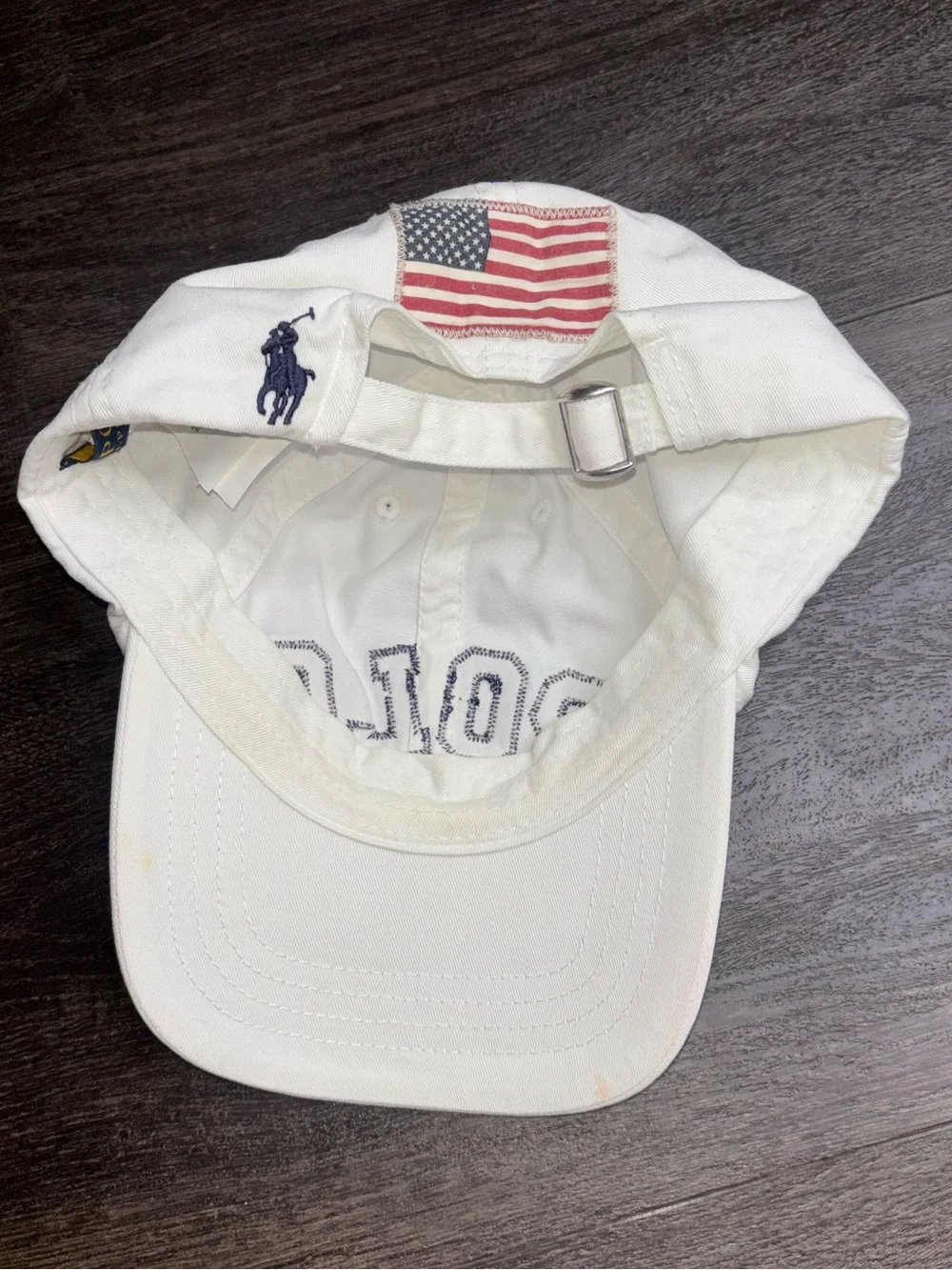 RARE Vintage POLO by Ralph Lauren Spell Out USA Flag Hat Cap Strap Back White